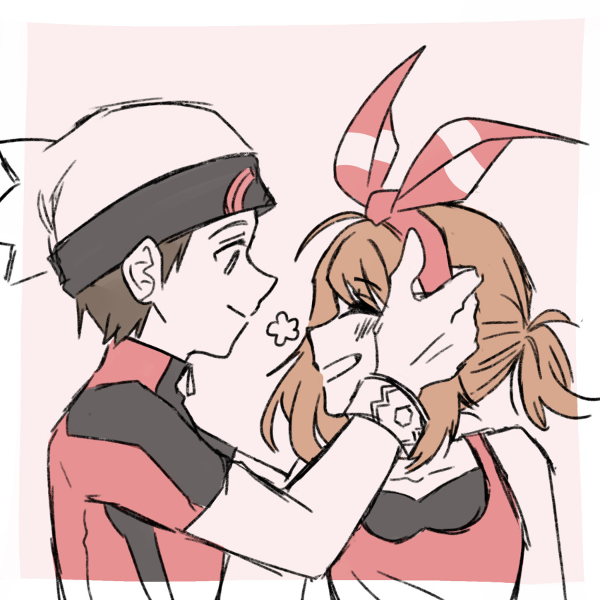 1boy, 1girl, beanie, bow_hairband, brendan_(pokemon), brown_hair, closed_eyes, collarbone, flower_symbol, hairband, hand_on_another's_head, hat, hetero, highres, looking_at_another, may_(pokemon), mega_ring, pokemon, pokemon_oras, red_shirt, riceball_(gohan_gin), shirt, sketch, smile, upper_body