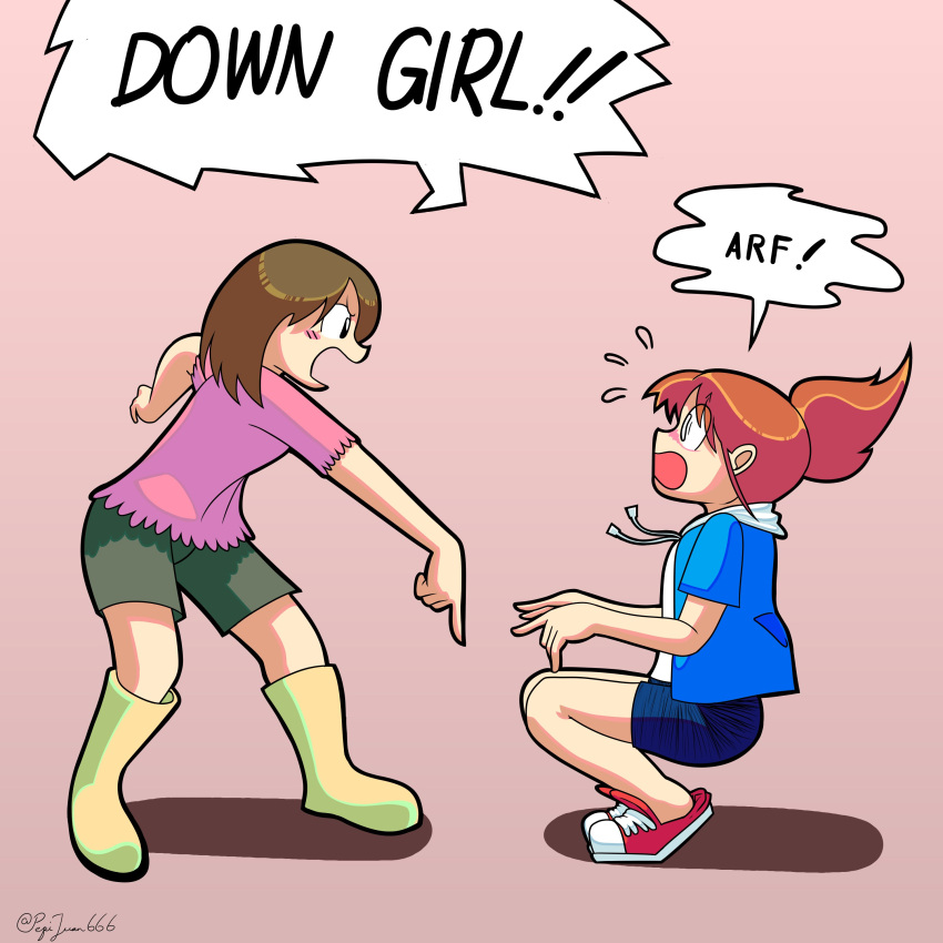 2girls, absurdres, angry, ayumu_niikura, barking, black_eyes, blue_hoodie, boots
