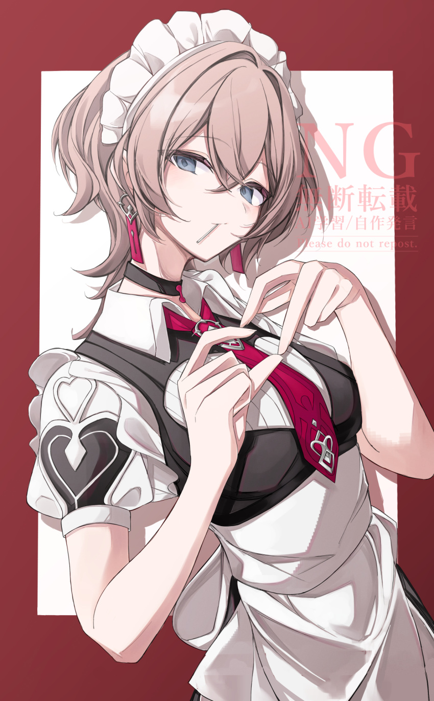 1girl, apron, black_dress, blue_eyes, border, breasts, brown_hair, candy, commentary_request, dress, earrings, food, food_in_mouth, four-finger_heart_hands, heart, heart_hands, highres, honkai_(series), honkai_impact_3rd, jewelry, lantern_(honkai_impact), lollipop, maid, maid_apron, maid_headdress, qf_ivi, red_border, short_hair, simple_background, solo, white_apron, white_background