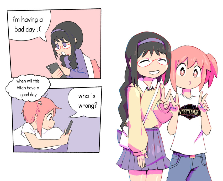 2girls, akemi_homura, bag, black_hair, braid, cellphone, collared_shirt, commentary