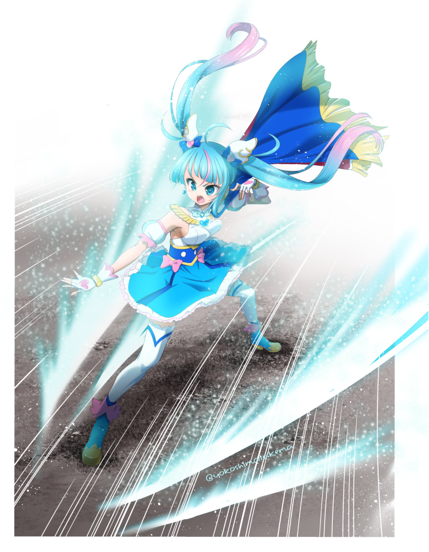 1girl, ankle_boots, blue_boots, blue_cape, blue_dress, blue_eyes, blue_hair, boots