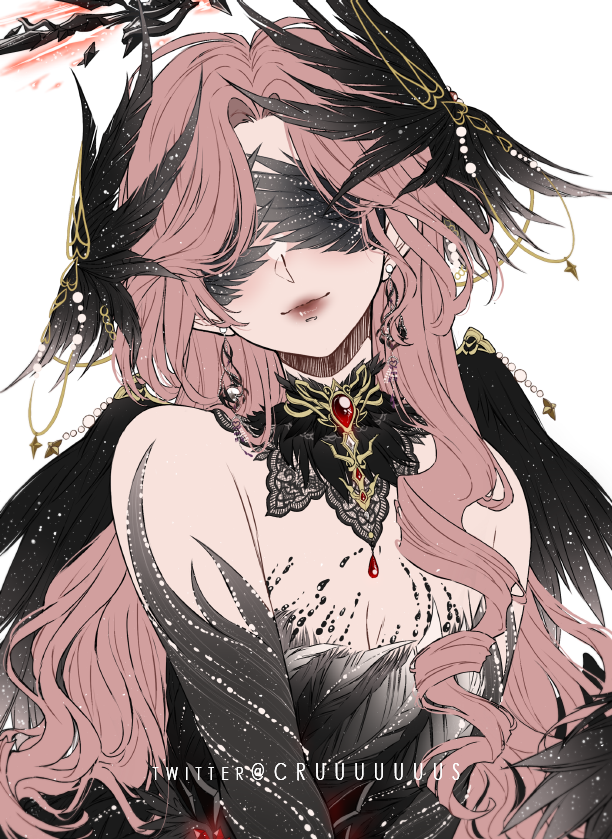 1girl, bare_shoulders, bird_wings, black_collar, black_dress, black_gloves, black_halo, black_wings