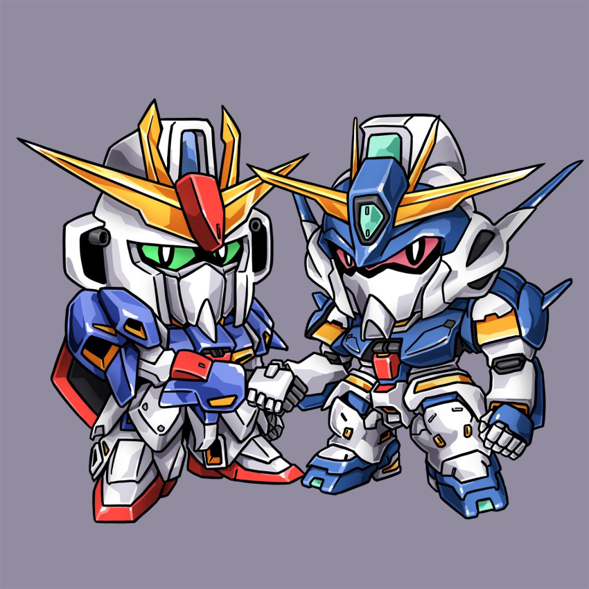 chibi, colored_sclera, commission, ecole_du_ciel, english_commentary, green_sclera, grey_background, gundam