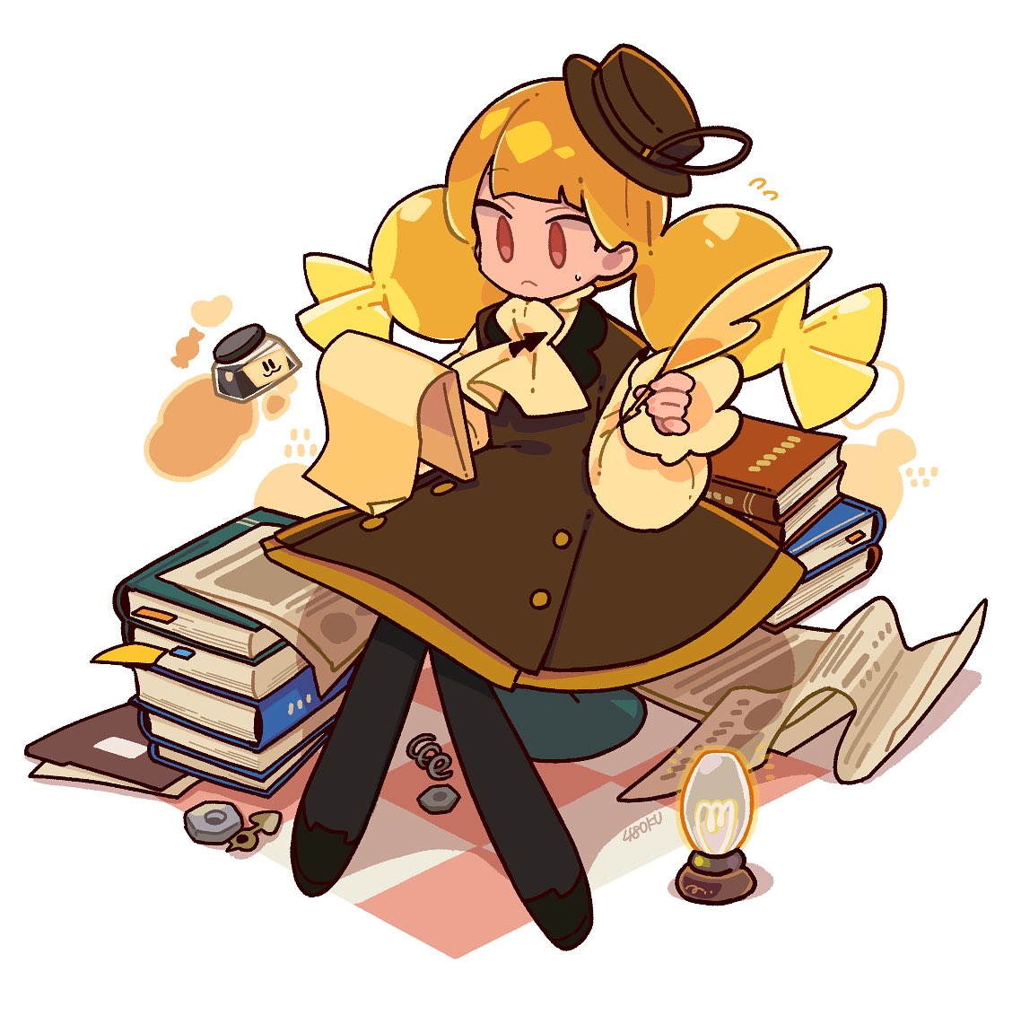 1girl, 48okku, artist_name, ascot, black_pantyhose, black_shoes, blonde_hair, blunt_bangs
