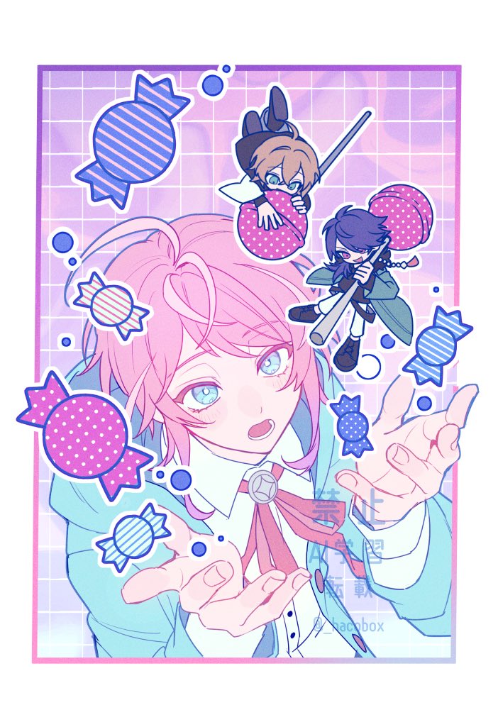 3boys, ahoge, amemura_ramuda, aqua_eyes, aqua_hoodie, arisugawa_dice, blue_hair, border
