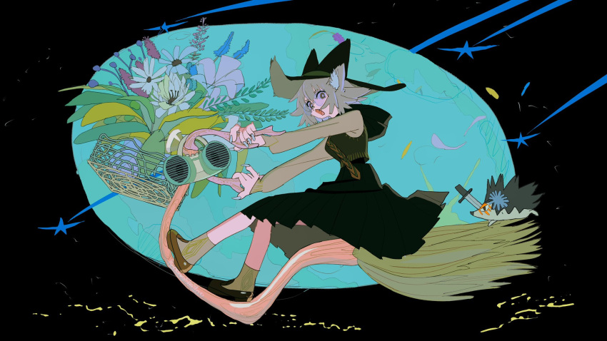 1girl, animal_ears, cat_ears, flower, glasses, grey_hair, hat, highres