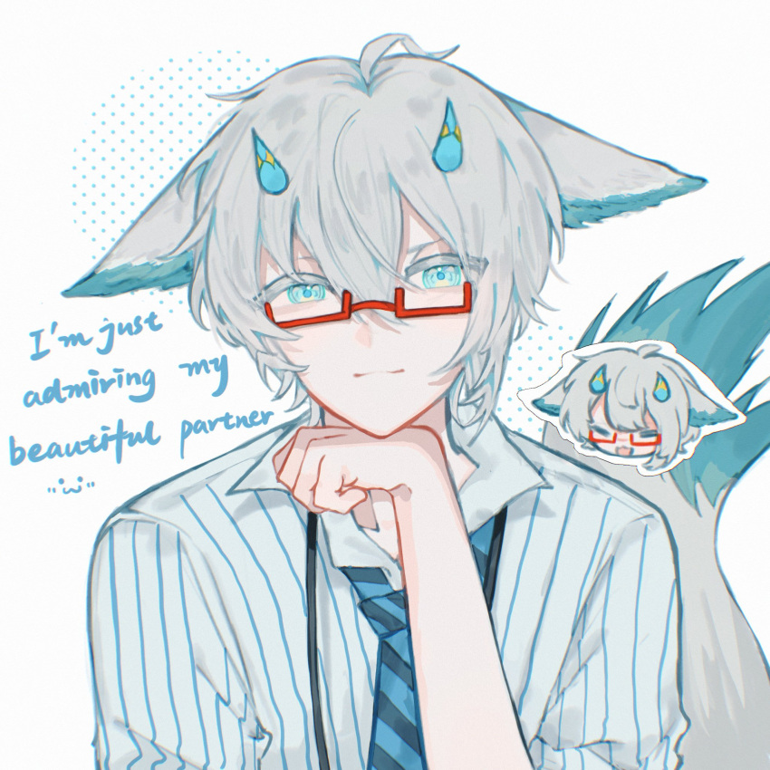 1boy, :3, alternate_costume, animal_ears, bishounen, blue_eyes, blue_horns, demon_boy, double-parted_bangs, english_commentary, english_text, glasses, highres, horns, indie_virtual_youtuber, inukai_mado, looking_at_viewer, male_focus, necktie, pale_skin, pinstripe_pattern, pinstripe_shirt, rectangular_eyewear, red-framed_eyewear, senz_(vtuber), shirt, straight-on, striped_clothes, striped_shirt, tail, virtual_youtuber, white_background, white_hair, wolf_boy, wolf_ears, wolf_tail