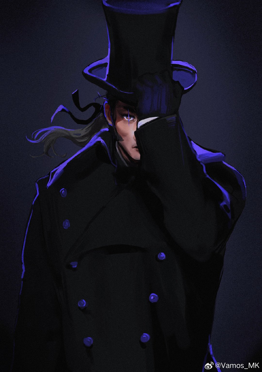 1boy, adjusting_clothes, adjusting_headwear, black_background, black_coat, black_hair, brown_eyes, coat