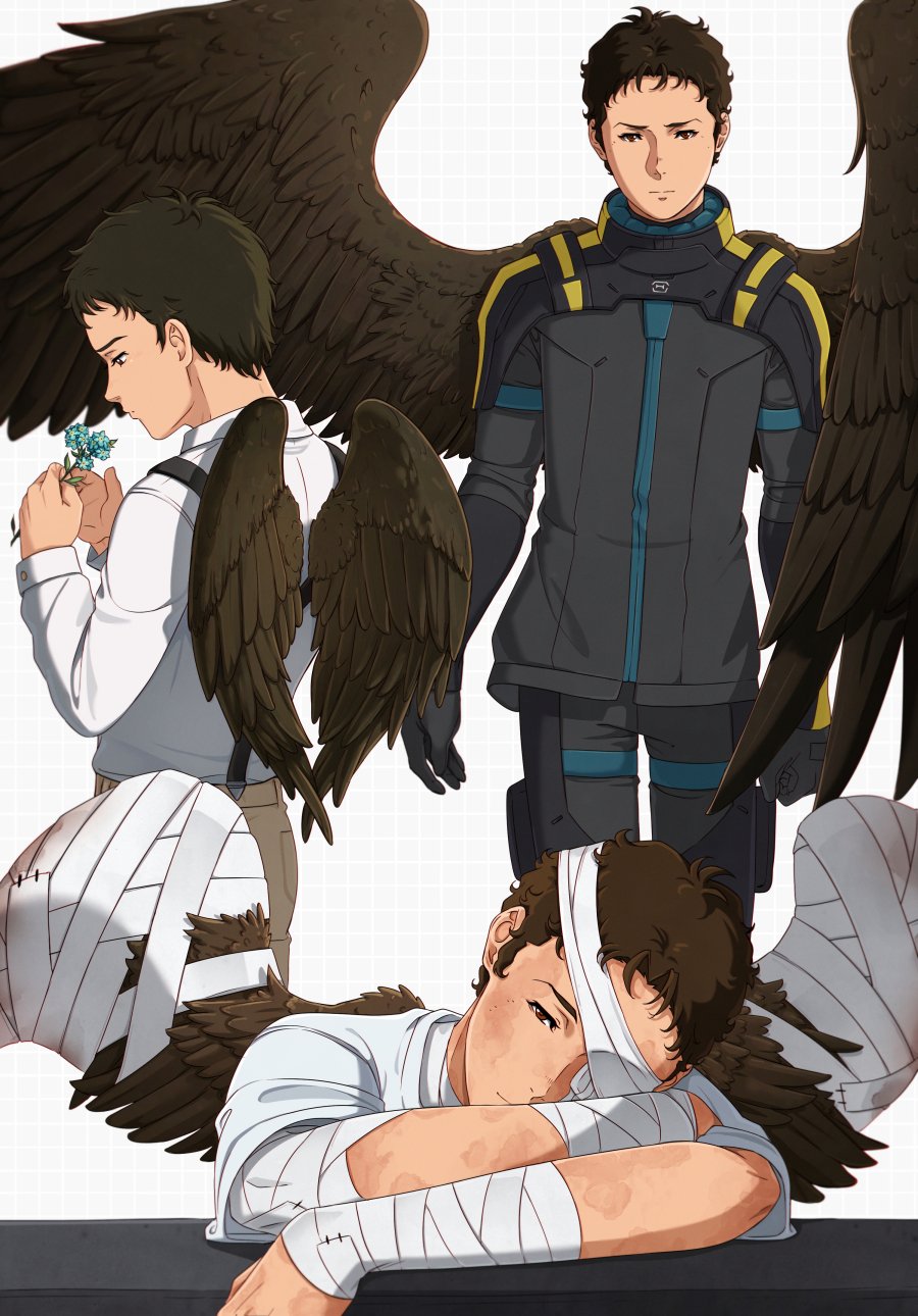 1boy, arm_rest, bandage_over_one_eye, bandaged_arm, bandages, black_gloves, black_jacket, black_pants