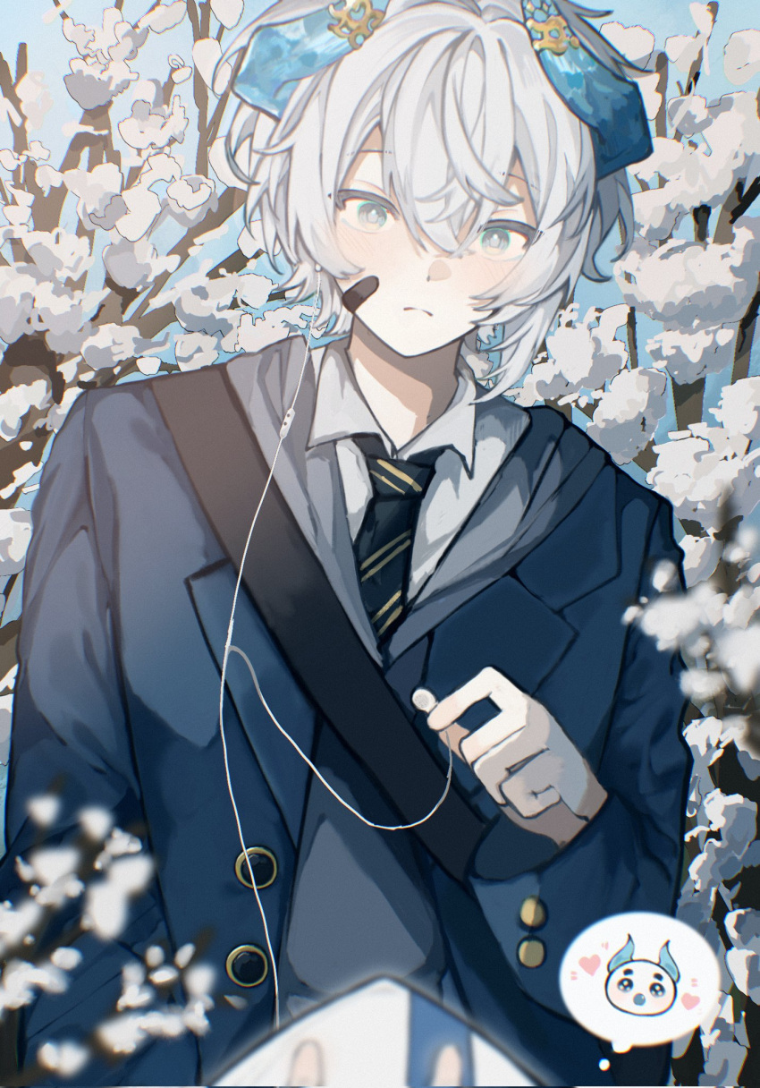 1boy, bandages, bishounen, black_bandages, blue_eyes, blue_horns, box, box_of_chocolates, buttons, cuff_links, demon_boy, double-parted_bangs, earphones, earphones, happy_valentine, heart, highres, horns, indie_virtual_youtuber, inukai_mado, jacket, loving_aura, male_focus, necktie, outdoors, pale_skin, removing_earbuds, school_uniform, senz_(vtuber), snow, snowmie_(senz), tree, valentine, virtual_youtuber, white_hair, winter