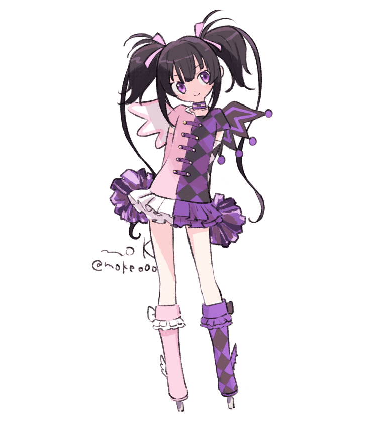 1girl, argyle_arm_warmers, argyle_clothes, argyle_shirt, asymmetrical_footwear, asymmetrical_wings, black_hair, choker