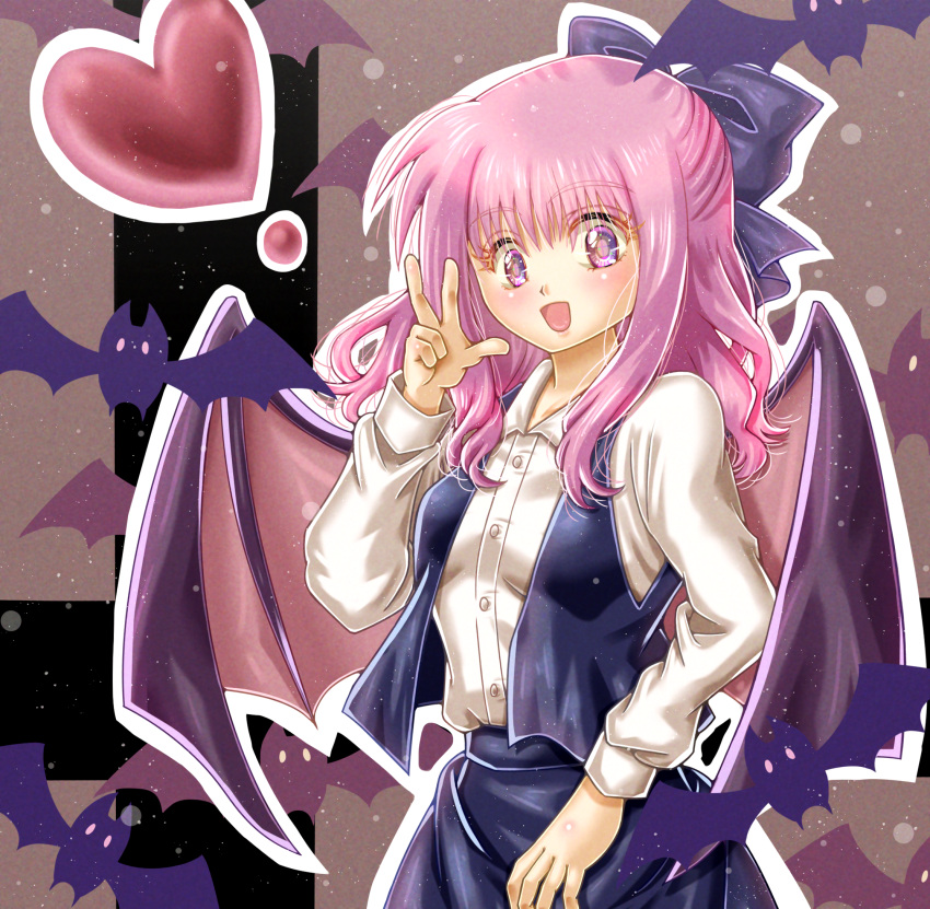 1girl, bat_(animal), bow, buttons, demon_wings, hair_bow, hair_ornament, hand_on_own_hip