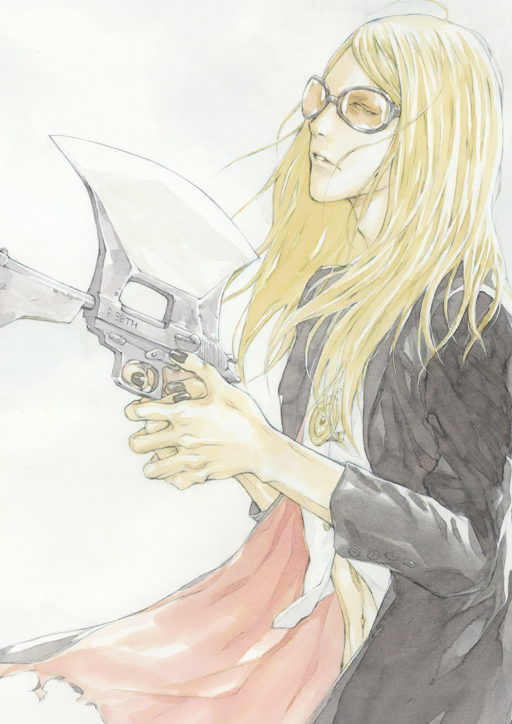 1boy, black-framed_eyewear, black_jacket, black_nails, fate/grand_order, fate_(series), floating_hair, from_side, game_cg, gun, hands_up, holding, holding_gun, holding_weapon, jacket, jewelry, long_hair, long_sleeves, looking_at_viewer, looking_to_the_side, male_focus, midriff_peek, navel, official_art, orange-tinted_eyewear, own_hands_together, parted_bangs, parted_lips, pendant, round_eyewear, shirt, sho-u_tajima, solo, sunglasses, tezcatlipoca_(fate), third-party_source, tinted_eyewear, two-sided_fabric, two-sided_jacket, upper_body, variant_set, weapon, weapon_request, white_background, white_shirt