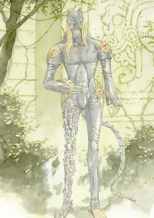 1boy, arm_at_side, asymmetrical_legwear, blonde_hair, bodysuit, cat_mask, claw_(weapon), clenched_hand, covered_face, exoskeleton, expressionless, fate/grand_order, fate_(series), full_body, game_cg, grey_bodysuit, grey_mask, hand_up, high_collar, long_hair, male_focus, mask, official_art, sho-u_tajima, single_bare_foot, solo, standing, tezcatlipoca_(fate), tezcatlipoca_(second_ascension)_(fate), third-party_source, variant_set, weapon