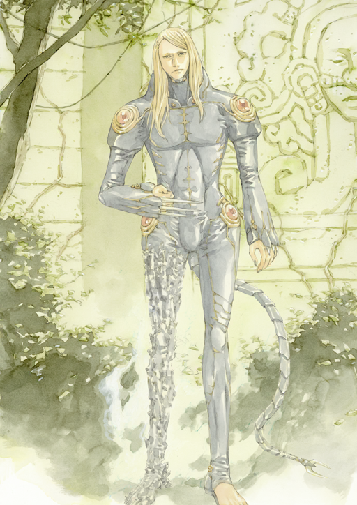 1boy, arm_at_side, asymmetrical_legwear, blonde_hair, bodysuit, claw_(weapon), clenched_hand, closed_mouth