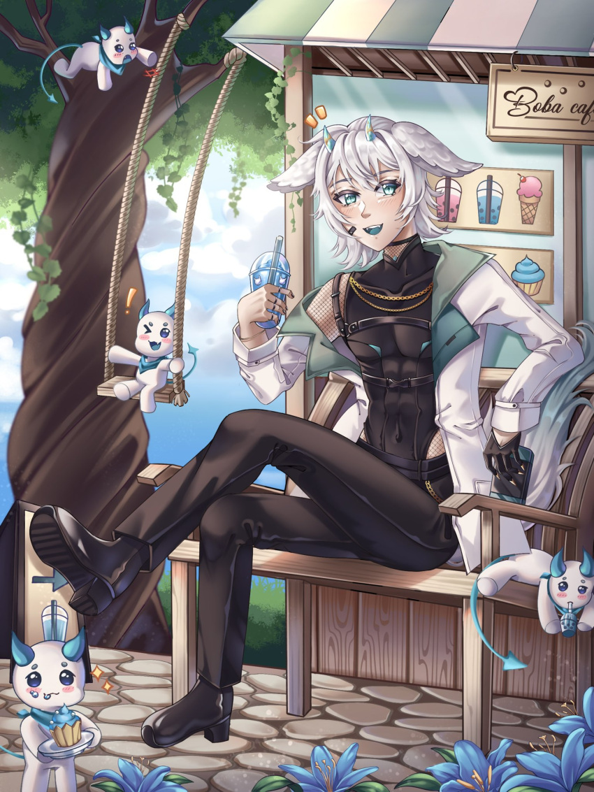 1boy, animal_ears, bandages, bench, bishounen, black_bandages, black_pants, blue_eyes, blue_sky, blue_tongue, bubble_tea, chain, clouds, coat, colored_tongue, demon_boy, demon_horns, demon_tail, fishnets, flower, full_body, gold_chain, guacc_art, highres, horns, indie_virtual_youtuber, market_stall, outdoors, pants, senz_(vtuber), senz_(vtuber)_(3rd_costume), sky, snowmie_(senz), swing_set, tail, tree, virtual_youtuber, white_coat, white_hair, wolf_boy, wolf_ears