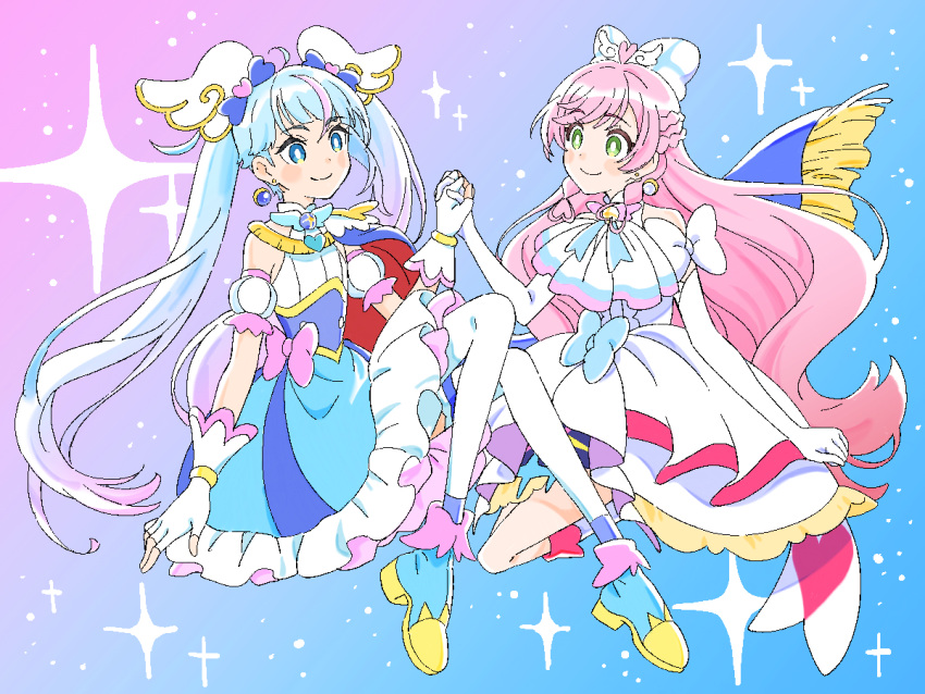 2girls, ankle_boots, ascot, blue_boots, blue_bow, blue_cape, blue_dress, blue_eyes