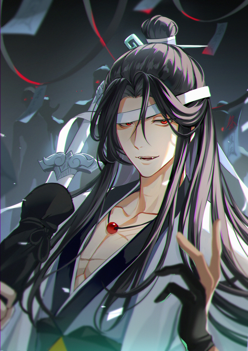1boy, absurdres, black_gloves, black_hair, black_sash, blindfold, blindfold_slip, chinese_commentary