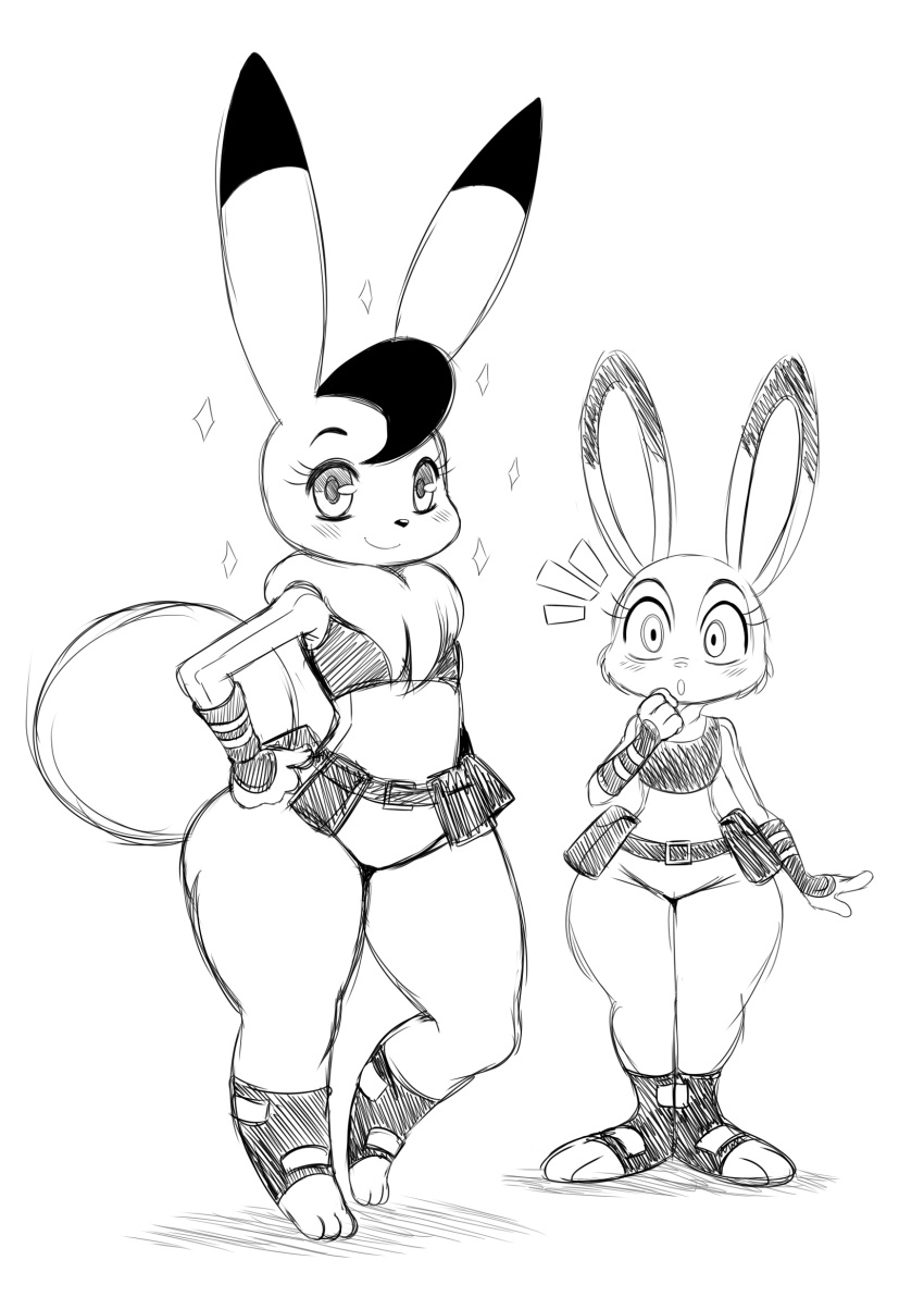 2girls, ^^^, animal_ears, animal_feet, blush, bokko_(wonder_three), commentary, cosplay, crossover, english_commentary, eric_lowery, furry, furry_female, hand_on_own_hip, highres, judy_hopps, judy_hopps_(cosplay), looking_at_viewer, monochrome, multiple_girls, police, police_uniform, policewoman, rabbit_ears, rabbit_girl, rabbit_tail, shortstack, simple_background, sketch, species_connection, standing, surprised, tail, trait_connection, white_background, wide-eyed, wide_hips, wonder_three, zootopia