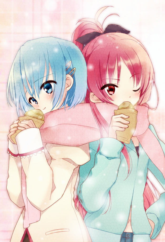 bad_id, blue_eyes, blue_hair, blush, bust, eating, food, hair_ornament