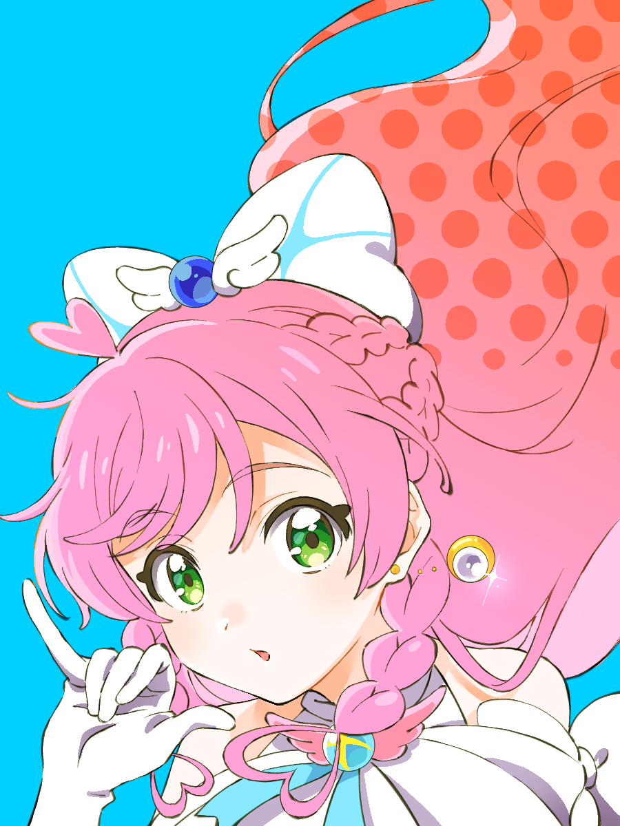 1girl, blue_background, bow, braid, cure_prism, dress, earrings, elbow_gloves