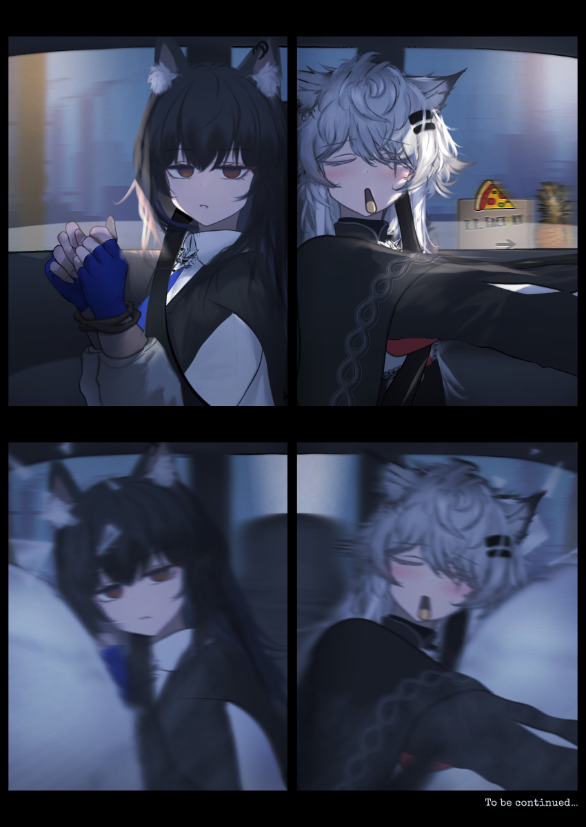 2girls, absurdres, airbag, animal_ears, arknights, black_hair, blue_gloves, brown_eyes, closed_eyes, commentary, fingerless_gloves, food, gloves, grey_hair, hair_ornament, hairclip, highres, lappland_(arknights), lappland_the_decadenza_(arknights), long_hair, mebe_(teadia_violet), mouth_hold, multiple_girls, open_mouth, seatbelt, texas_(arknights), texas_the_omertosa_(arknights), wolf_ears, wolf_girl