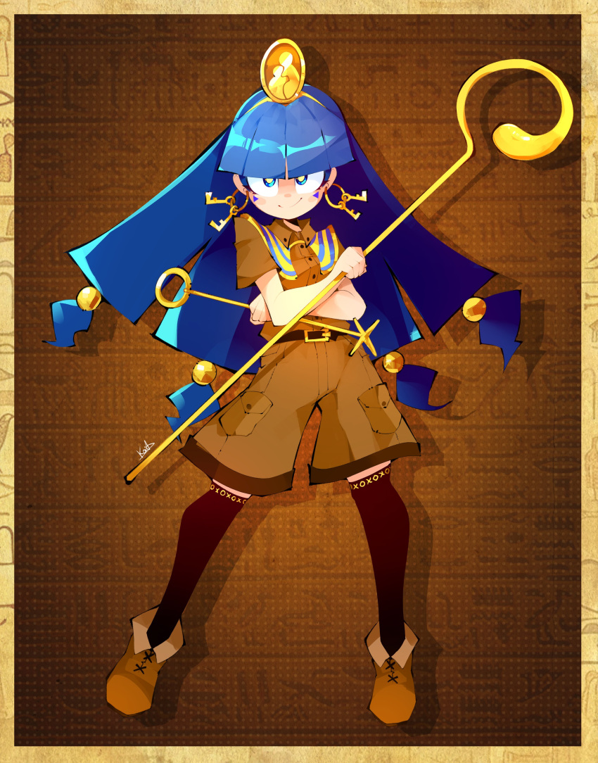 1girl, absurdres, belt, black_thighhighs, blue_eyes, blue_hair, brown_shirt, brown_shorts