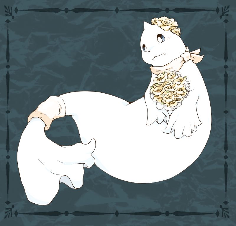 animal_focus, bandana, bouquet, bright_pupils, closed_mouth, commentary_request, dewgong, fangs, flower, grey_background, hair_flower, hair_ornament, inset_border, kinoko3331, looking_ahead, no_humans, pink_bandana, pokemon, solo, white_pupils