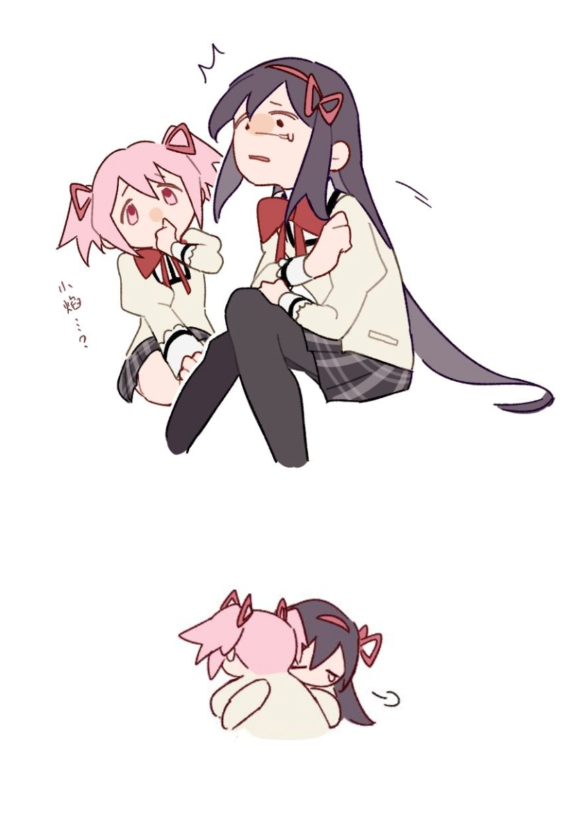 2girls, ^^^, akemi_homura, an9, black_eyes, black_pantyhose, black_skirt, bow