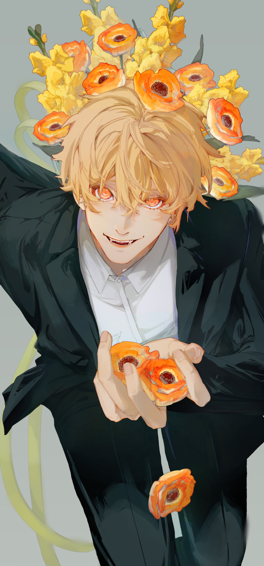 1boy, absurdres, black_pants, black_suit, blonde_hair, commentary_request, fangs, flower, grey_background, highres, holding, holding_flower, looking_at_viewer, male_focus, ooba_itori, open_mouth, orange_eyes, orange_flower, original, pants, shirt, solo, suit, teeth, white_shirt, yellow_flower