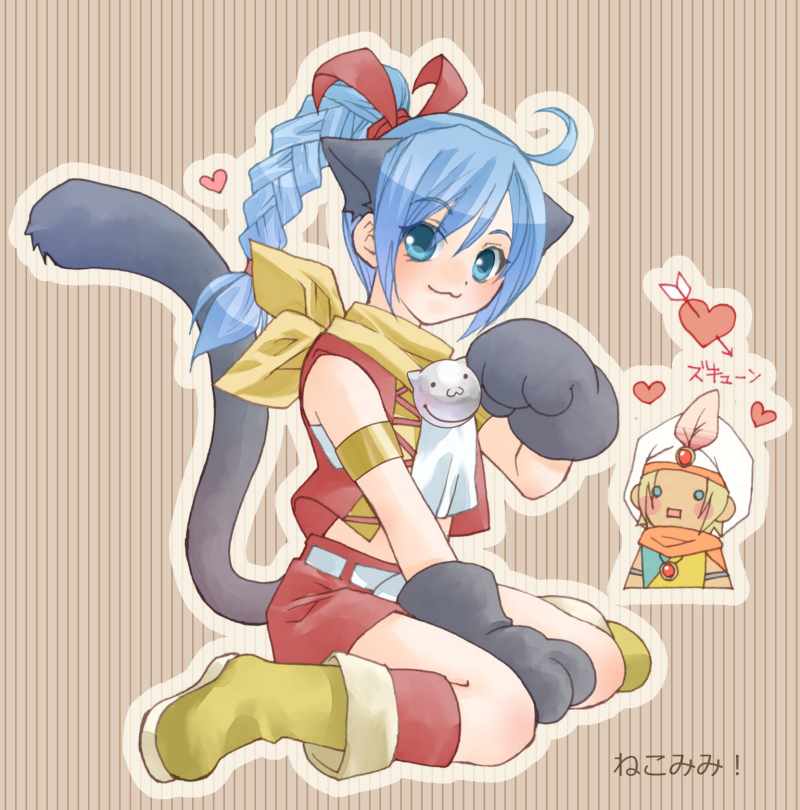 1boy, 1girl, :3, ahoge, animal_ears, animal_hands, aqua_eyes, arm_between_legs