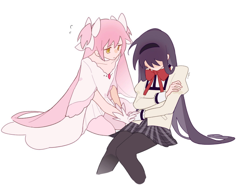 2girls, akemi_homura, an9, black_hairband, black_pantyhose, black_skirt, bow, bowtie, chest_jewel, choker, closed_mouth, collarbone, collared_shirt, cropped_legs, dress, faceless, faceless_female, flat_color, flying_sweatdrops, frilled_sleeves, frills, frown, full_body, gem, gloves, goddess_madoka, hair_bow, hair_spread_out, hairband, hand_on_own_arm, high_collar, highres, holding_hands, kaname_madoka, kneeling, lace-trimmed_sleeves, lace_trim, long_dress, long_hair, looking_at_another, mahou_shoujo_madoka_magica, mahou_shoujo_madoka_magica_(anime), miniskirt, mitakihara_school_uniform, multiple_girls, pantyhose, pink_gemstone, pink_hair, plaid_clothes, plaid_skirt, pleated_dress, pleated_skirt, pocket, purple_hair, raised_inner_eyebrows, red_bow, red_bowtie, sad, school_uniform, shirt, short_sleeves, simple_background, skirt, straight_hair, two_side_up, very_long_hair, white_background, white_bow, white_choker, white_dress, white_gloves, white_sleeve_cuffs, wide_sleeves, worried, yellow_eyes, yellow_shirt