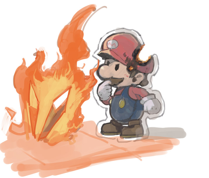 1boy, big_nose, black_eyes, blue_overalls, boots, brown_boots, brown_hair, burnt