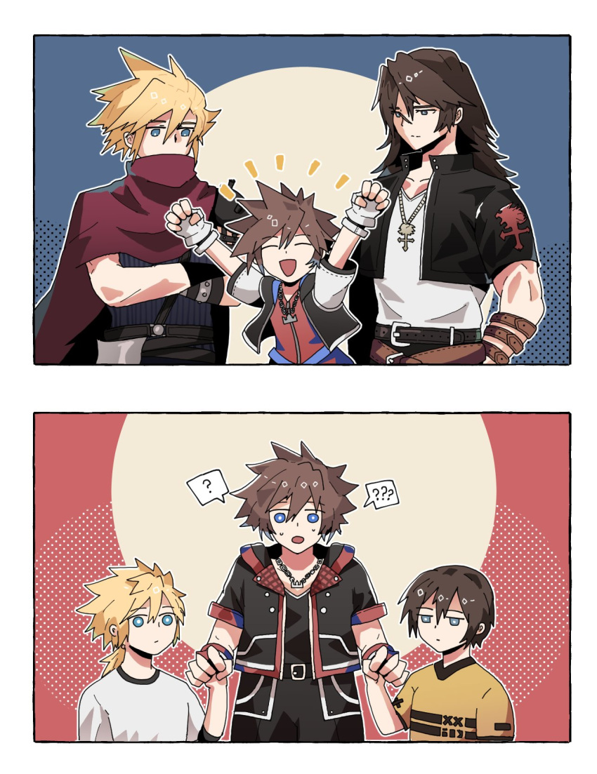 3boys, ?, ??, age_comparison, aged_down, arm_belt, armor, belt, black_jacket, black_shirt, blonde_hair, blue_background, blue_eyes, border, brown_hair, chain, chain_necklace, cloak, closed_eyes, cloud_strife, cropped_jacket, crossed_arms, final_fantasy, final_fantasy_vii, final_fantasy_viii, fingerless_gloves, gloves, hair_between_eyes, highres, holding_hands, jacket, jewelry, kingdom_hearts, kingdom_hearts_iii, long_hair, low_ponytail, male_focus, multiple_belts, multiple_boys, necklace, official_alternate_costume, open_mouth, parted_bangs, pauldrons, ponytail, red_background, red_cloak, ry_mangdung, scar, scar_on_face, scar_on_forehead, shirt, shirt_under_shirt, short_hair, shoulder_armor, single_pauldron, smile, sora_(kingdom_hearts), spiky_hair, spoken_question_mark, squall_leonhart, sweatdrop, white_border, white_shirt, yellow_shirt