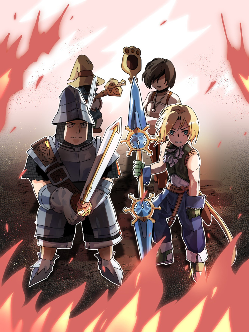 1girl, 3boys, adelbert_steiner, armor, armored_boots, bare_shoulders, black_choker, black_mage_(final_fantasy)