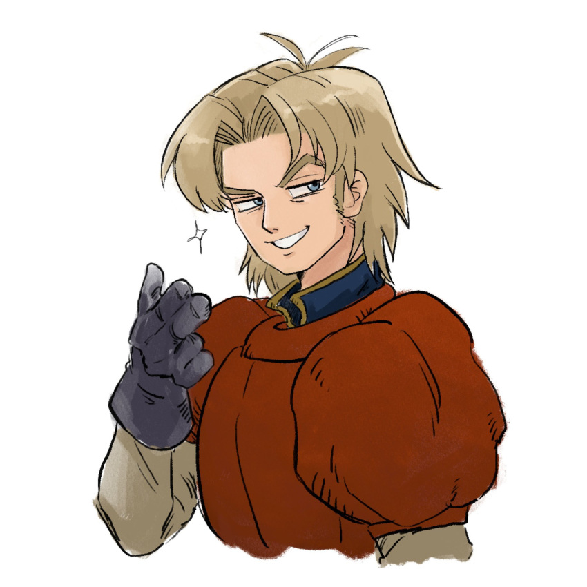 1boy, black_gloves, blonde_hair, blue_eyes, brown_sleeves, commentary_request, dragon_quest, dragon_quest_vii