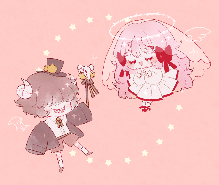 1boy, 1girl, angel_and_devil, angel_wings, animal_skull, black_hat, black_jacket, blunt_bangs