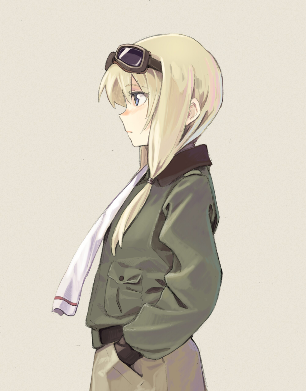 1girl, blonde_hair, blue_eyes, carla_j._luksic, closed_mouth, collared_jacket, commentary_request, eyebrows_hidden_by_hair, goggles, goggles_on_head, green_jacket, hair_between_eyes, hair_tie, hands_in_pockets, highres, jacket, long_hair, long_sidelocks, long_sleeves, low-tied_sidelocks, noble_witches, profile, scarf, shiratama_(hockey), sidelocks, simple_background, solo, white_background, white_scarf, world_witches_series