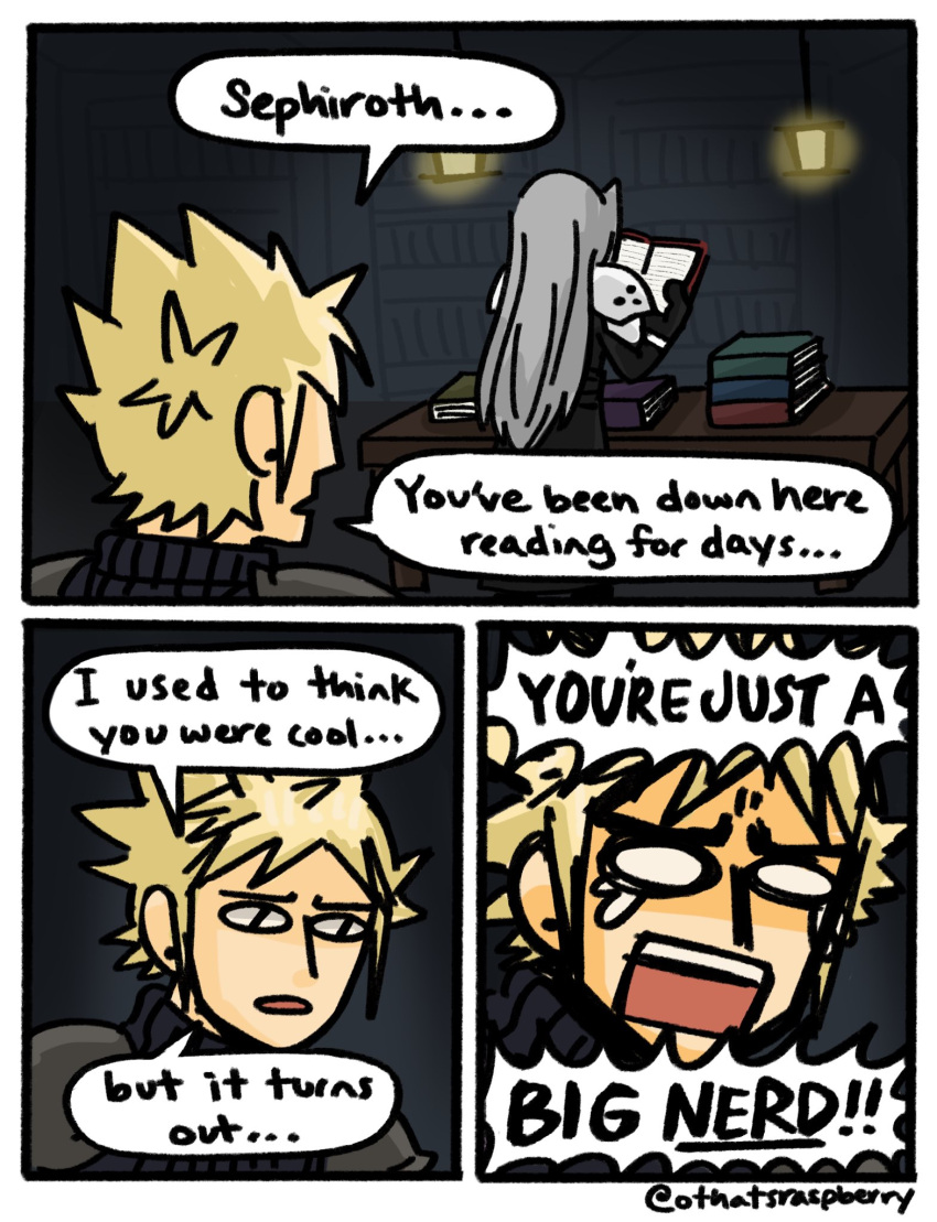 2boys, armor, black_coat, blonde_hair, blue_shirt, border, cloud_strife, coat