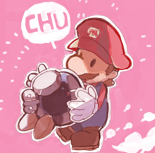 1boy, big_nose, black_eyes, blue_overalls, bobby_(paper_mario), bomb, brown_hair, brown_shoes, cabbie_hat, closed_eyes, commentary_request, explosive, facial_hair, full_body, gloves, hat, kiss, long_sleeves, male_focus, mario, mustache, notice_lines, open_mouth, outline, overalls, paper_mario, paper_mario:_the_origami_king, paper_mario_(character), pink_background, red_hat, red_shirt, rokuyontarou, shirt, shoes, short_hair, solid_oval_eyes, sound_effects, speech_bubble, super_mario_bros., surprised, white_gloves, white_outline, winding_key