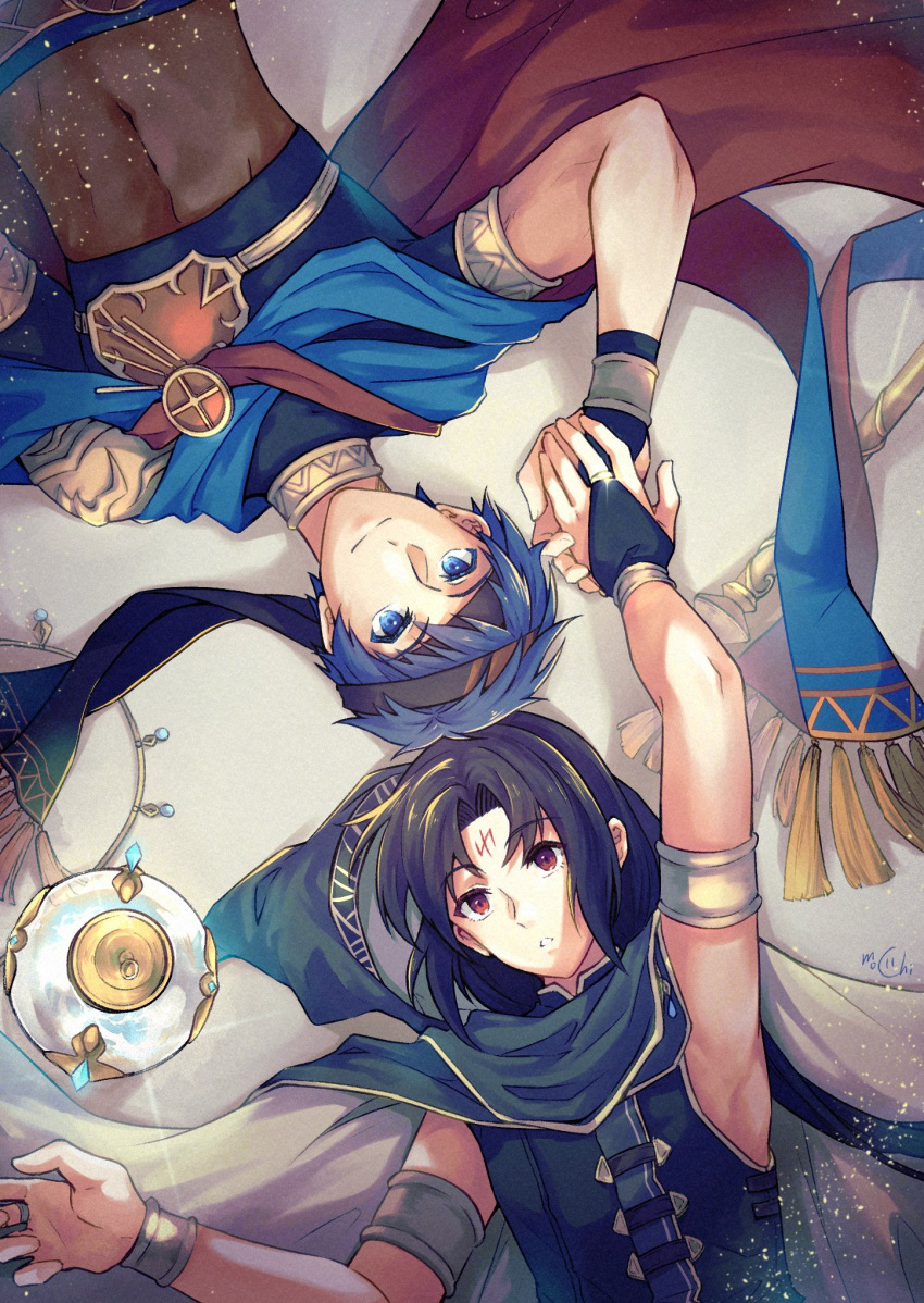 2boys, armlet, black_hair, blue_eyes, blue_hair, bodystocking, bridal_gauntlets, commentary_request