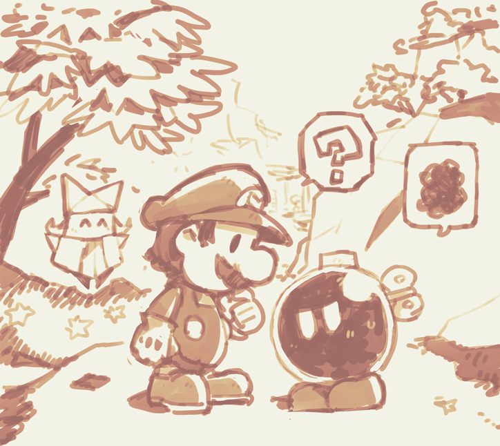 ?, ^_^, big_nose, bobby_(paper_mario), bush, buttons, cabbie_hat, clenched_hand