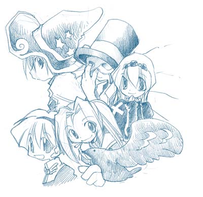 1girl, 2000s_(style), 4boys, acolyte_(ragnarok_online), bird, cape, cassock, cigarette, closed_mouth, commentary_request, cross, dress, greyscale, hairband, hasenyo, hat, hawk, high_ponytail, high_priest_(ragnarok_online), hunter_(ragnarok_online), long_hair, long_sleeves, looking_at_viewer, lowres, mask, masquerade_mask, monk_(ragnarok_online), monochrome, multiple_boys, open_mouth, ponytail, ragnarok_online, short_hair, simple_background, smile, top_hat, upper_body, witch_hat, wizard_(ragnarok_online)
