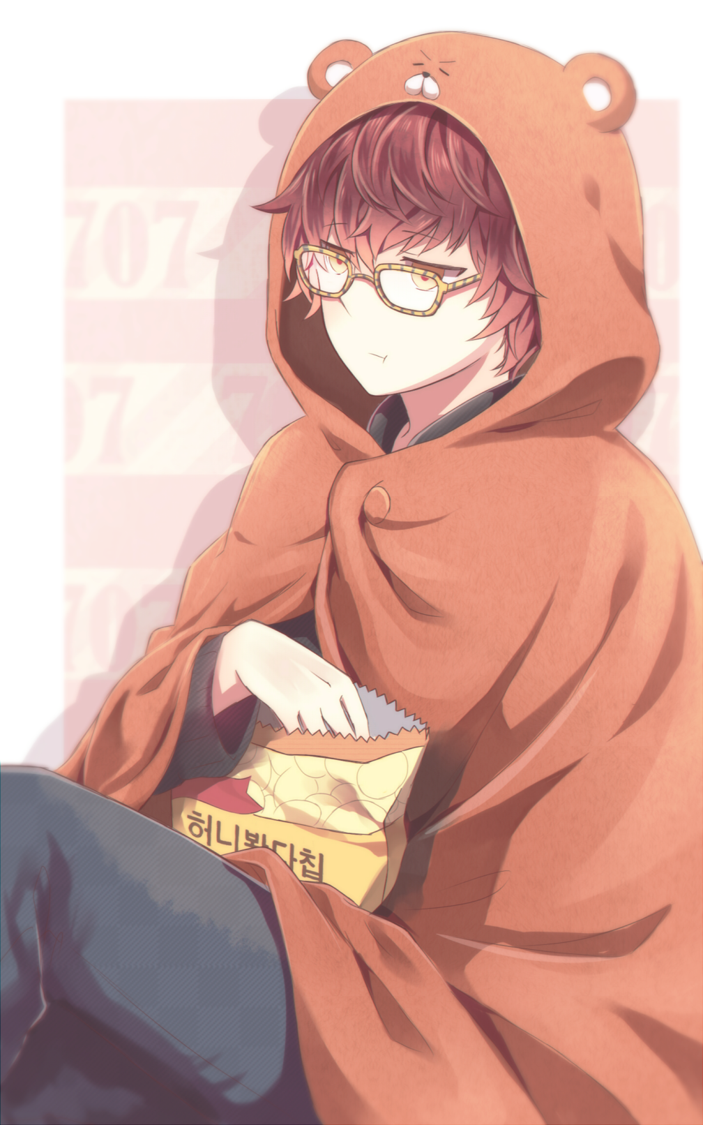 1boy, 707_(susanghan_messenger), bag_of_chips, border, brown_hair, chewing, cosplay, doma_umaru