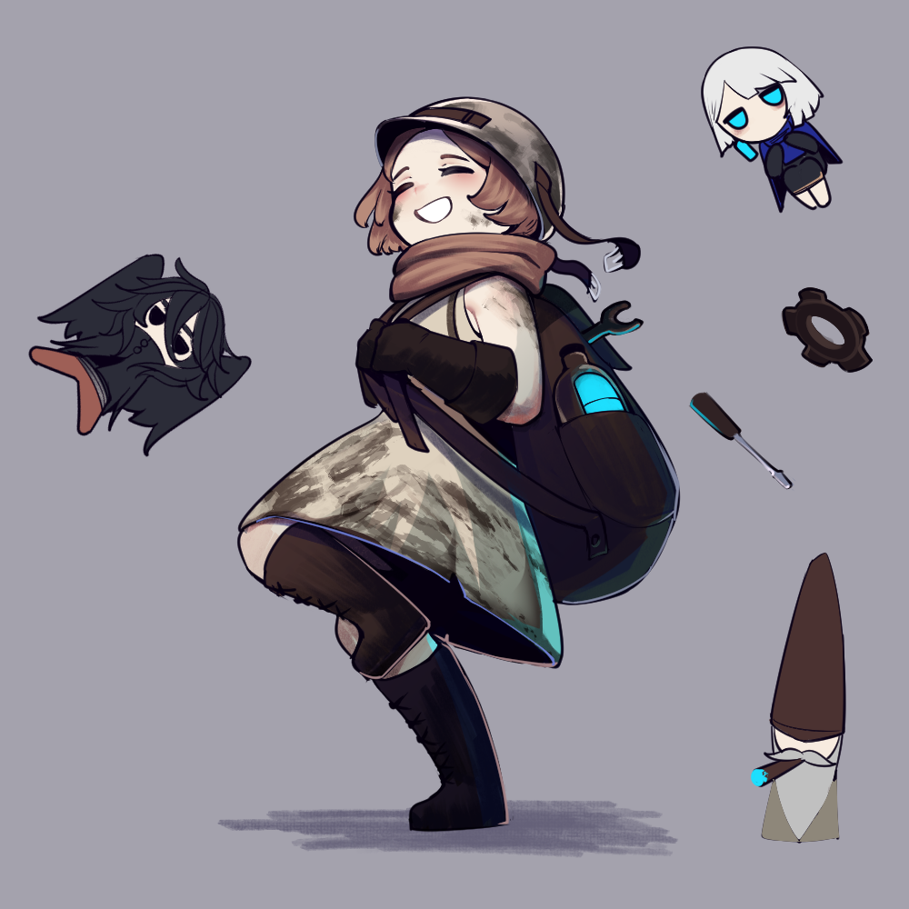 2boys, 2girls, :d, backpack, bag, beard, bird_boy, bird_wings