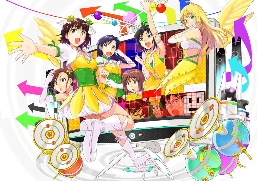 1boy, 6+girls, ahoge, akizuki_ritsuko, amami_haruka, antenna_hair, arm_up, arrow_(symbol)