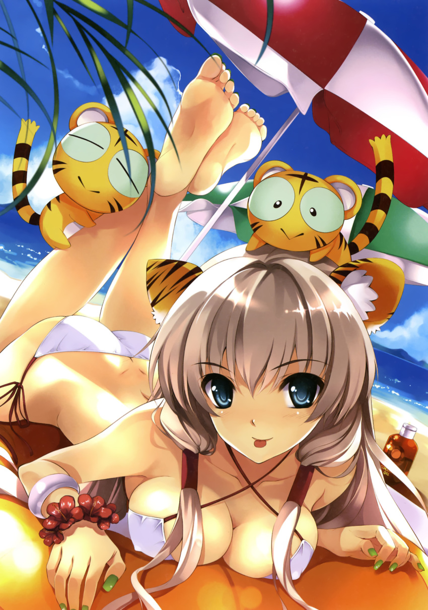 absurdres, animal_ears, barefoot, bikini, breast_squeeze, breasts, butt_crack, cleavage, copyright_request, cradle_(artist), erect_nipples, feet, hands, highres, kemonomimi, long_toenails, lying, misaki_kurehito, mizugi, nail_polish, on_stomach, oppai, side-tie_bikini, soles, solo, string_bikini, swimsuit, tiger, tiger_ears, toenails, tongue