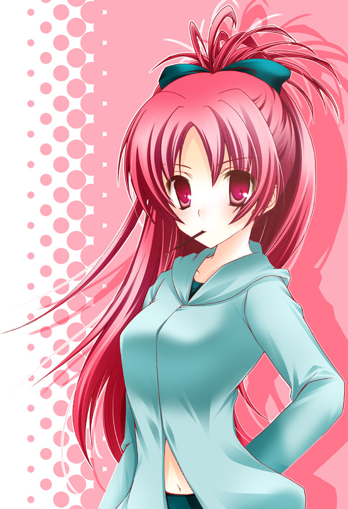 bow, breasts, hair_bow, long_hair, mahou_shoujo_madoka_magica, mitsukiriko, navel, pink_eyes, pink_hair, pocky, ponytail, red_eyes, red_hair, redhead, sakura_kyouko, solo