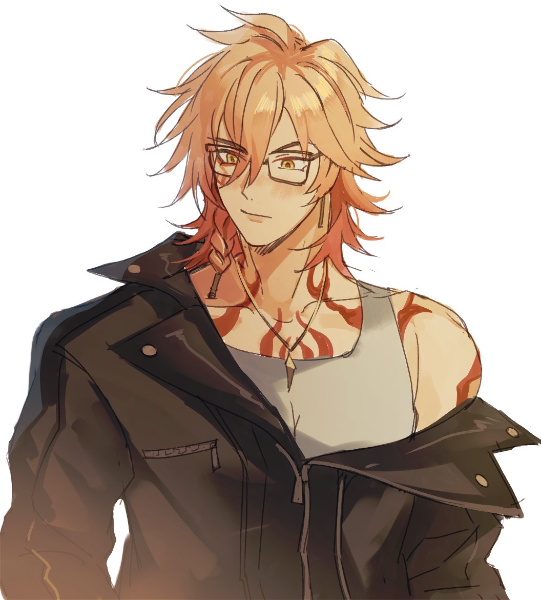 1boy, bespectacled, black-framed_eyewear, black_jacket, blonde_hair, blush, braid, chest_tattoo