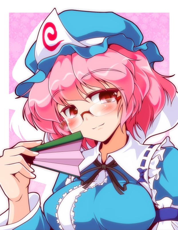 bad_id, bespectacled, fan, folding_fan, glasses, hat, pink_hair, red_eyes